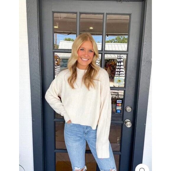 Abercrombie & Fitch Sweater Women S Ivory Checkered Oversized Boxy Knit Crew - Picture 1 of 16